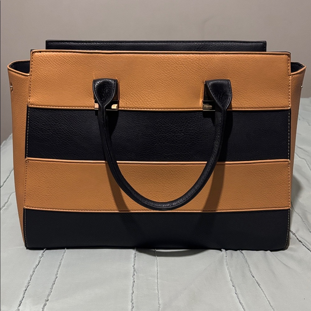 Stylish Black and Tan Striped Handbag